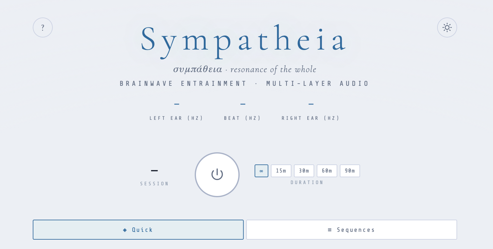 The Sympatheia interface on first load — power button centered, session timer to its left, preset strip below